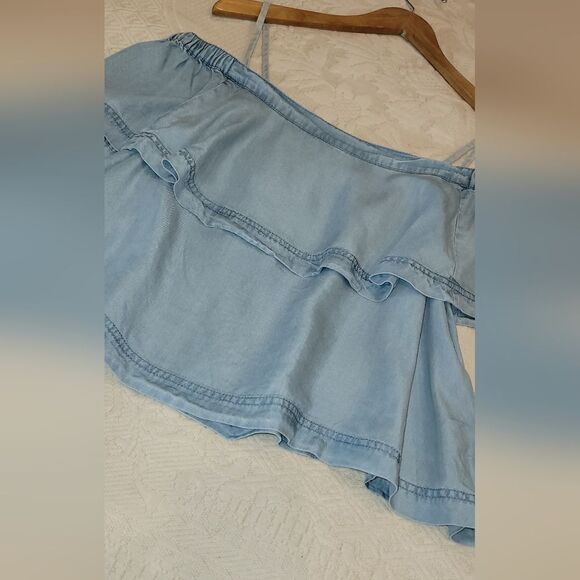 Free People Light Blue Chambray  Denim Crop Tank Off Shoulder Ruffle Top Small - Picture 10 of 16